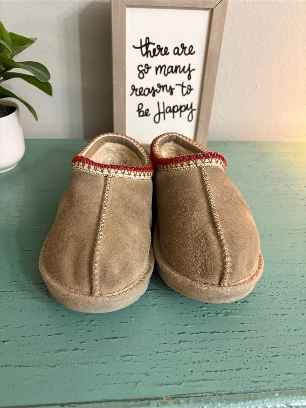 UGG Tan Suede Slip-On Slippers with Red Trim